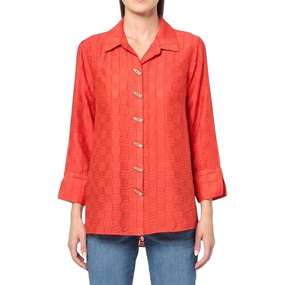 Multiples Jacquard Point Collar 3/4 Sleeve Hi-Low Hem Button-Front Orange 2X